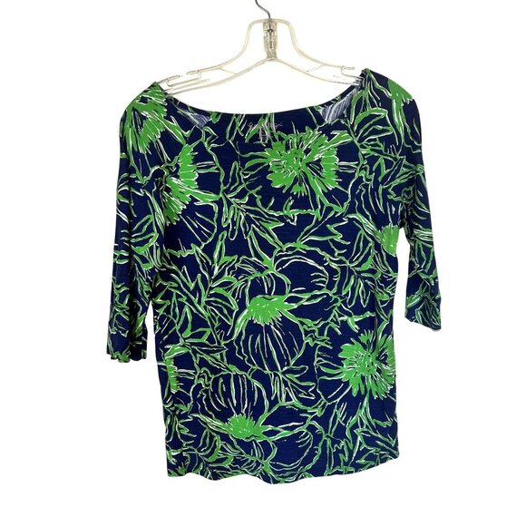 Lilly Pulitzer Floral Cotton Top 3/4 Sleeve Boatneck Womens Large Navy Blue - Picture 1 of 5